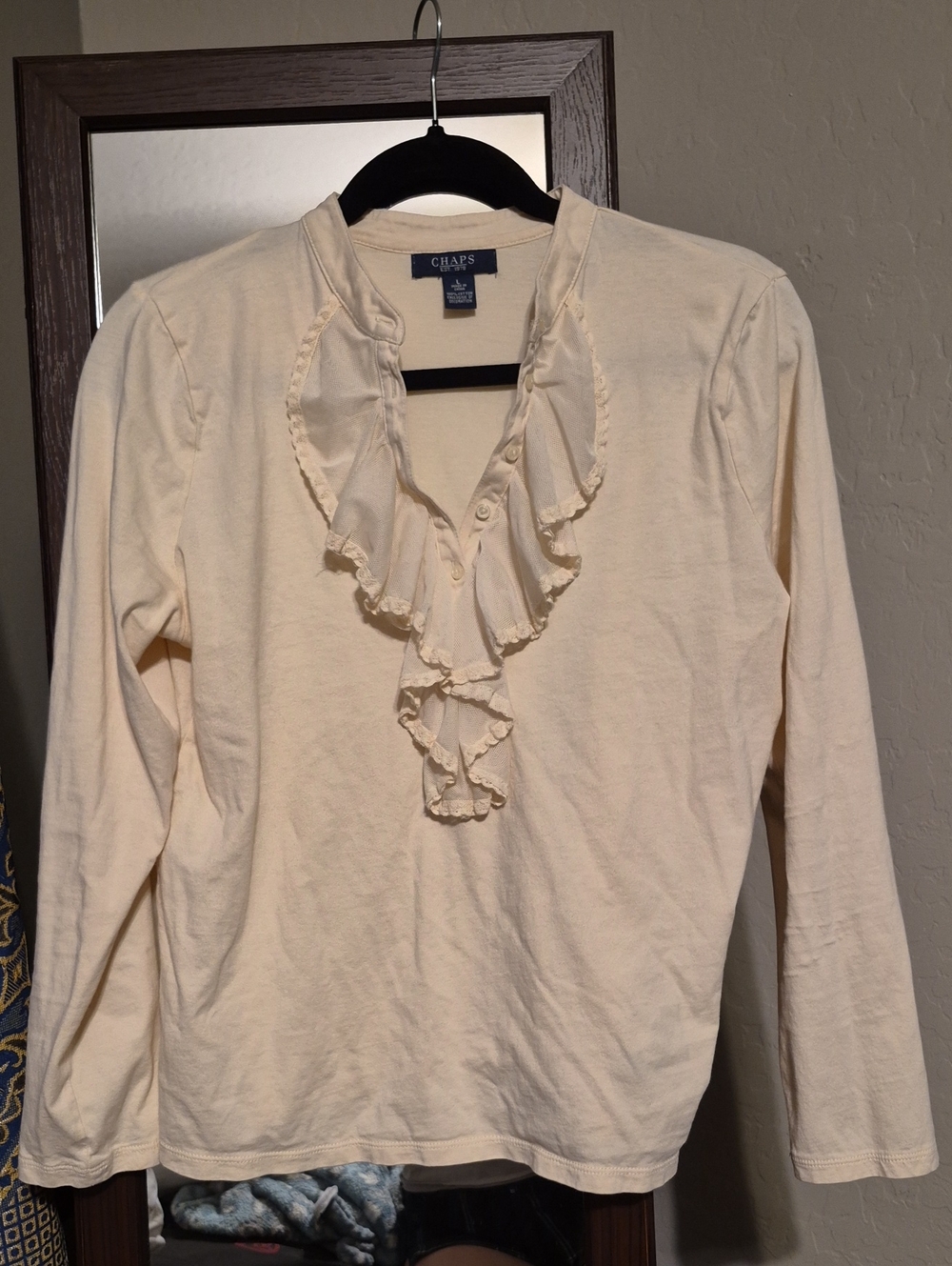 Chaps Cream Ruffle-Front Long Sleeve Tee